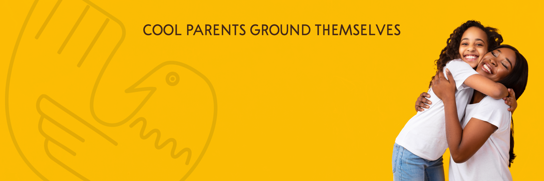 Two people hugging on a yellow background with text 'Cool Parents Ground Themselves' and Dovetail sensory logo