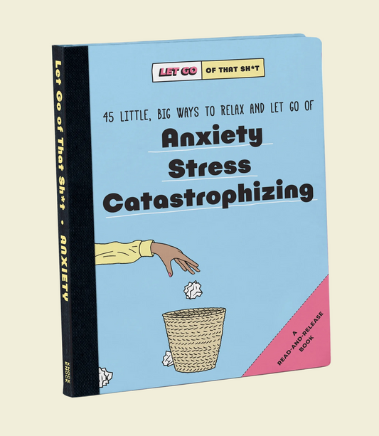 Book cover with text about anxiety, stress, and catastrophizing on a light blue background