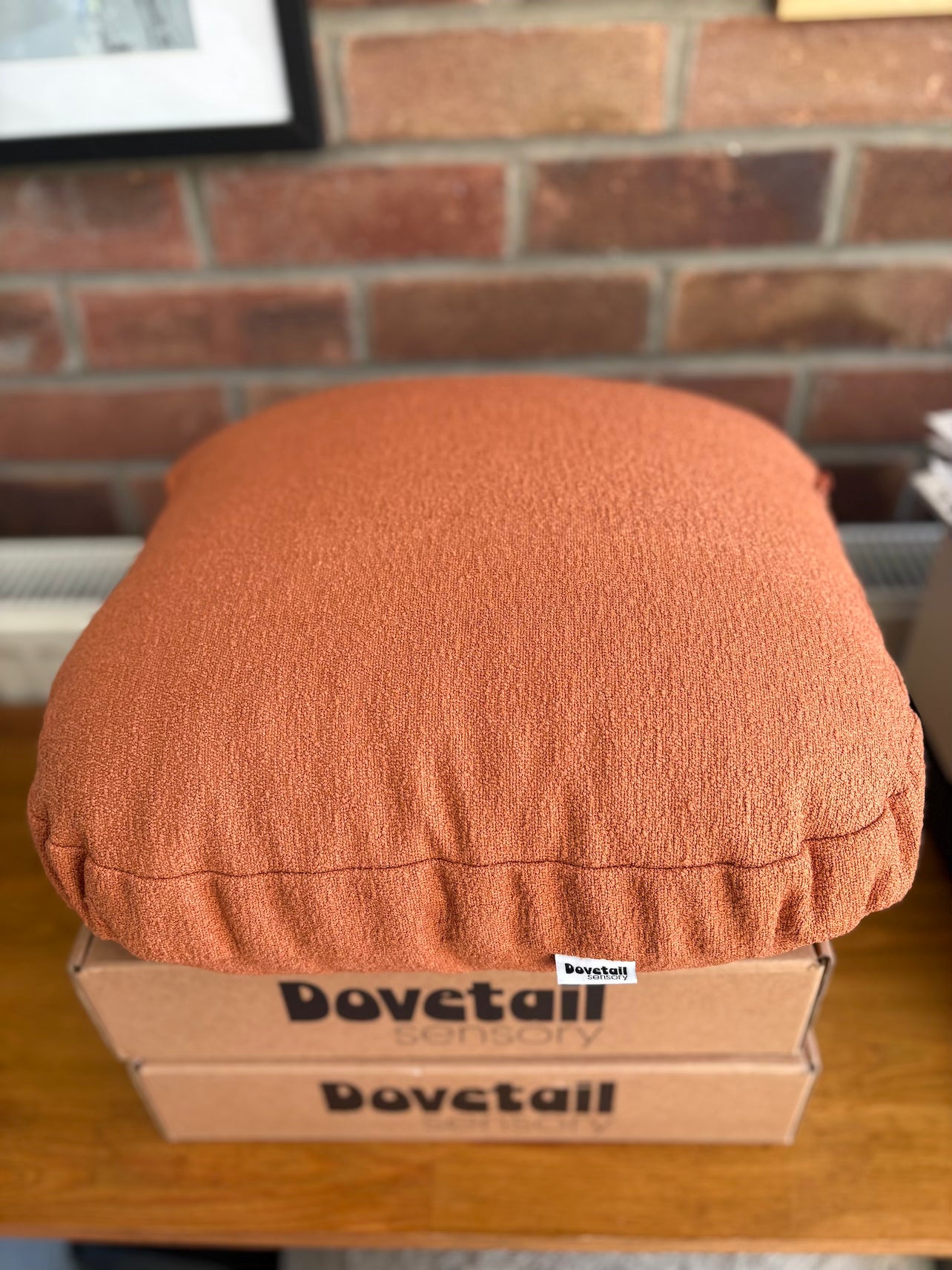 orange cushion on a cardboard box with 'Dovetail sensory' branding against a brick wall.